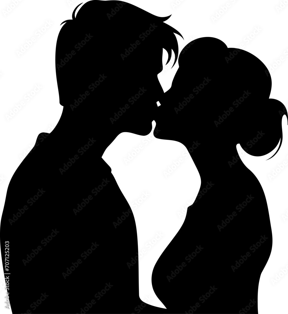 Kissing couple love silhouette in black color. Vector template design art.