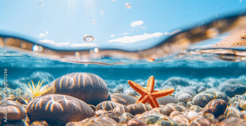 underwater world, with beautiful pebbles and a starfish at the bottom ...