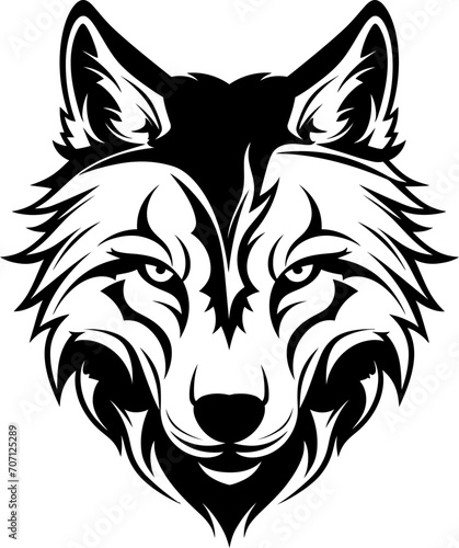 Tattoo wolf head silhouette in black color. Vector template for tatto design art.