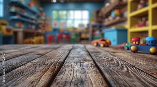 Wooden table on blurred children's room background with toys, showcasing products. photo