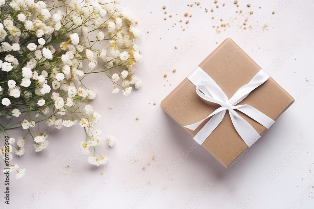 A floral arrangement with a gift box and baby's breath on a bright table, accompanied by a card and space for text. A floral arrangement with a gift box and baby's breath on a bright table, accompanied by a card and space for text.