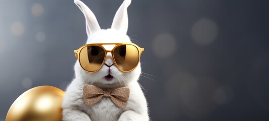 Funny happy easter concept holiday animal celebration greeting card - Cool white easter bunn with opened mouth, rabbit with sunglasses and golden painted easter eggs