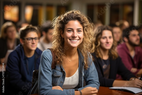 Joyful university attendee in class gazing at camera.