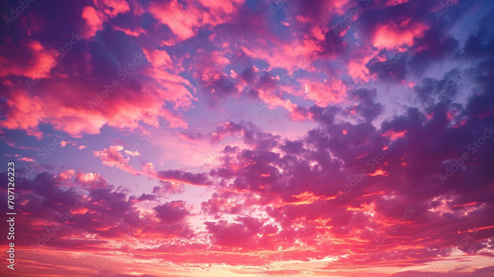Fototapeta premium Pink sky Background. Shiny white, purple and pink beauty clouds background. Cloudy Sky. Moving Pink Clouds On Sky with Bright Sun Wallpaper