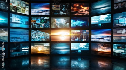 A broadcast of multiple screens displaying multimedia content. photo