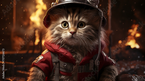 Fireman cat standin at fire area photo