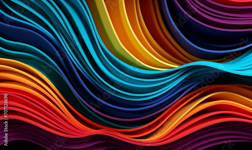 Multicolored lines made of paper in rainbow colors, arranged on a black background. Generative Ai