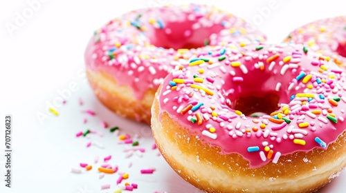 Delectable glazed strawberry donuts with sprinkles on a white backdrop.