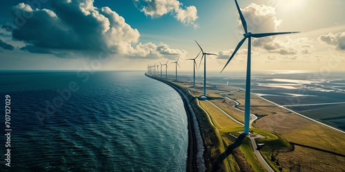 Synonymous wind turbines produce eco-friendly electricity offshore in the Netherlands, aerially captured at a wind farm. photo