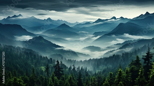 Evening dense foggy forest with high mountains in distance. Mysterious and atmospheric forest landscape. Generative AI