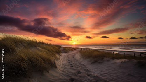 sunset on the beach, sand path to North sea at sunset, Ai generated image