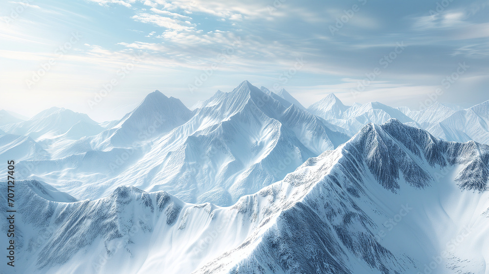 Snow covered mountains in winter, Photo of a majestic snow-covered mountain range under a clear blue sky,  top of snowy mountain range, Ai generated image 