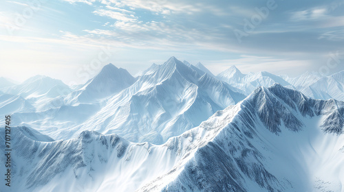 Snow covered mountains in winter, Photo of a majestic snow-covered mountain range under a clear blue sky, top of snowy mountain range, Ai generated image 