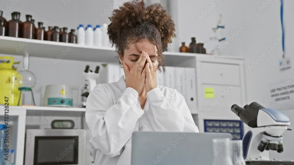 A young hispanic woman researcher feeling stressed in a laboratory full of equipment. A young hispanic woman researcher feeling stressed in a laboratory full of equipment.