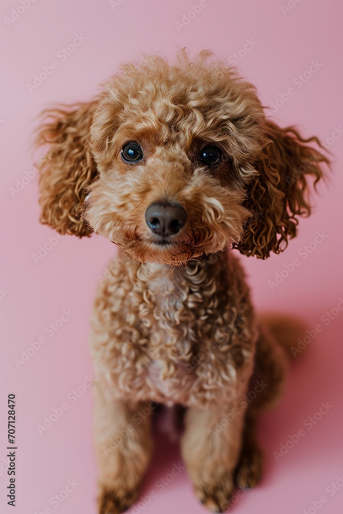 Top view photo of cute brown poodle sitting against pink background Top view photo of cute brown poodle sitting against pink background