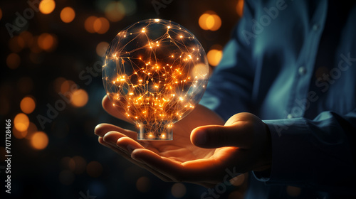 hand holding bulb, A network concept and a businessman's hand holding a lightbulb with a glowing virtual brain and a connection line to creative, intelligent thinking for inspiration and innovation