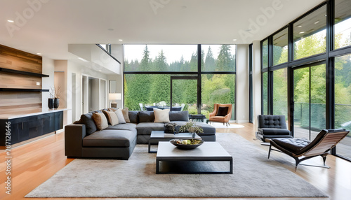 Large modern luxury living room interior in Bellevue home. © Antonio Giordano