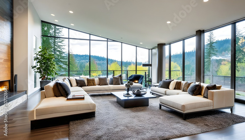 Large modern luxury living room interior in Bellevue home.