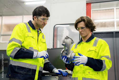 Technician engineers check and repair automatic robotic machines at the industrial factory, Workers work with focused repairing in the industry.