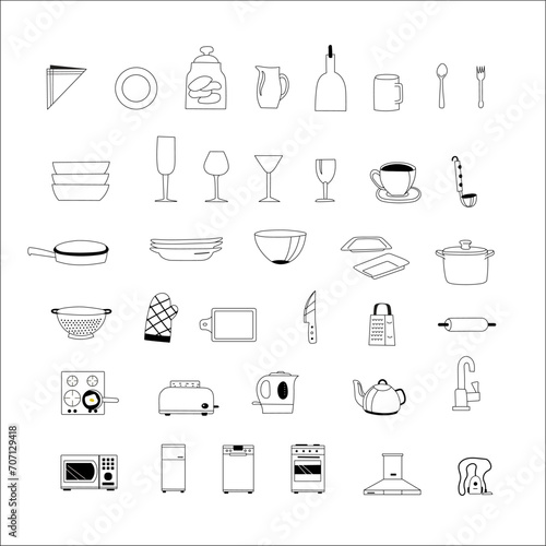 Kitchen related utensils collection in outline flat style. Set of simple hand drawn contour icons of cooking tools.