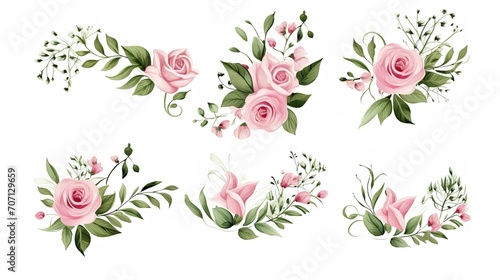 Set of vector bouquets of pink rose. Flowers on white background. All elements are isolated. Elements for wedding design. Corners and borders of pink roses. generative ai