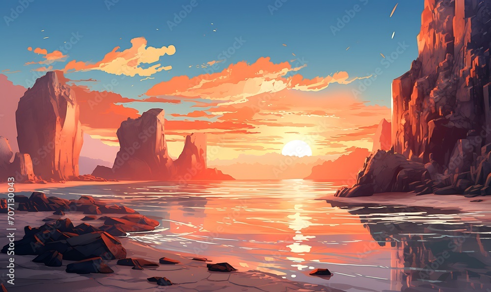 Rocky beach with huge cliffs and sunset, stylized light orange and silver. Generative Ai

 - obrazy, fototapety, plakaty 