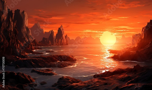 Rocky beach with huge cliffs and sunset, stylized light orange and silver. Generative Ai