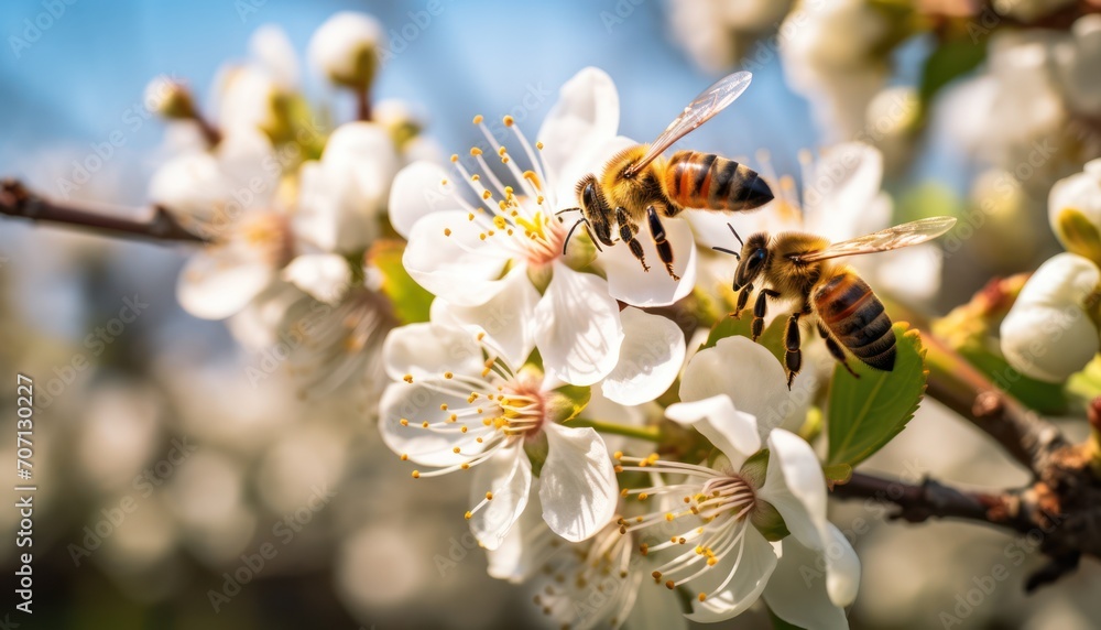 Bees Sitting on Top of White Flower in Nature Bees Sitting on Top of White Flower in Nature