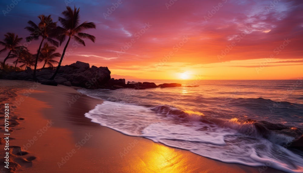 Tranquil Sunset on Beach With Footprints in Sand