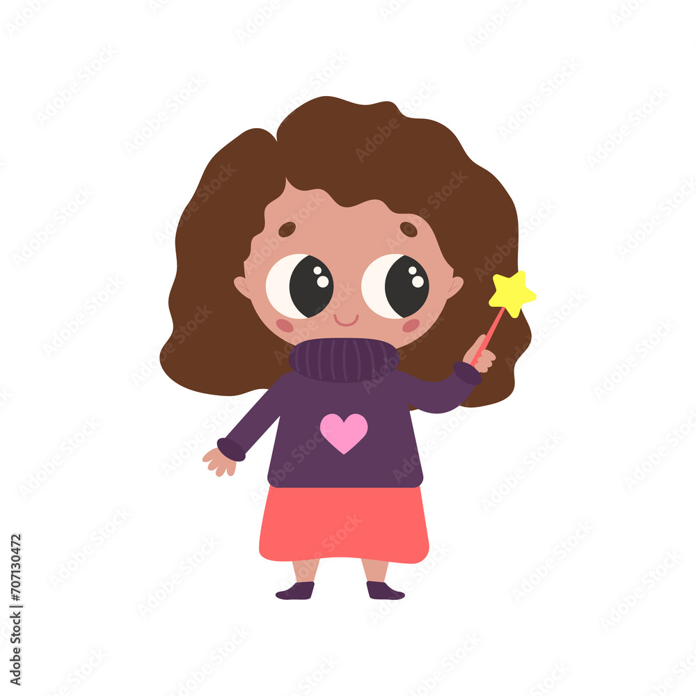 Cute magic little girl in kawaii style with wand and heart on her sweater. Cartoon vector isolated element for print and design