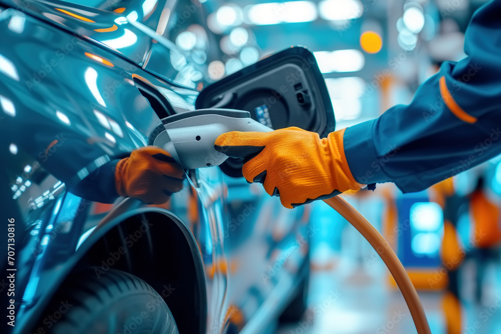 Charging an electric car in a service center, close-up Charging an electric car in a service center, close-up