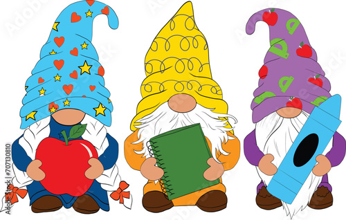 Gnomes are holding school supplies, apple, school ruler and notebook