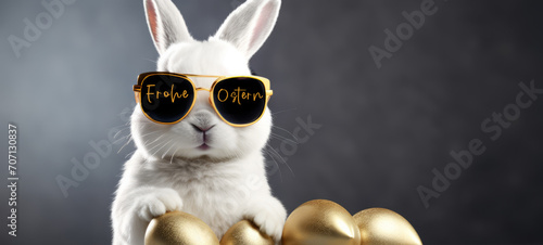 Frohe Ostern Konzept Feiertag Grußkarte mit deutschem Text - Cooler Osterhase, Kaninchen mit Sonnenbrille und gold bemalten Ostereiern