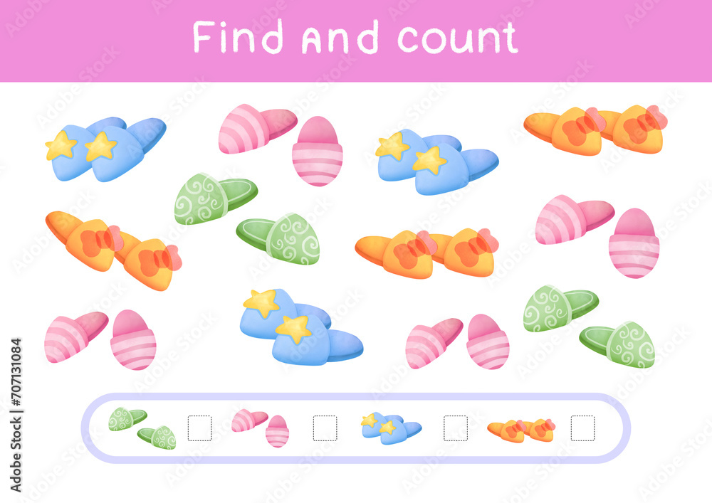 Fototapeta premium Count all slippers, Count the number and write right answer into box. Math game for preschool kids. cartoon Counting children game. educational nursery activity, study methematics page, worksheet