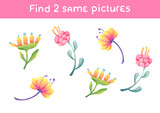 Cartoon cute flowers. Find two same pictures. Educational game for children. Activity for preschool children with matching objects and finding 2 identical. Printable worksheet