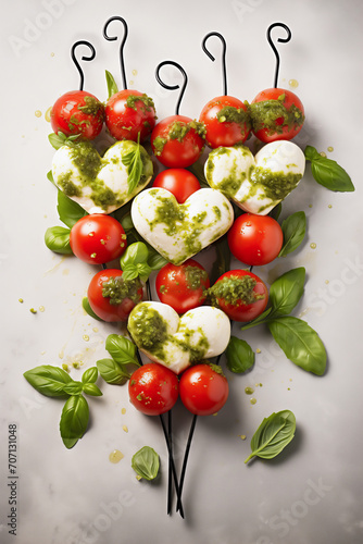 Caprese skewers with heart shaped mozzarella, cherry tomatoes, green pesto sauce and fresh basil leaves on background. Valentine's day appetizer idea. Vertical, top view. photo