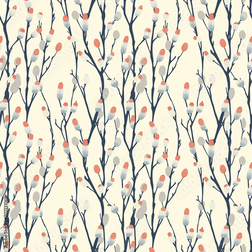 Catkins on a willow tree seamless pattern. Can be used for gift wrapping, wallpaper, background © Olezhan