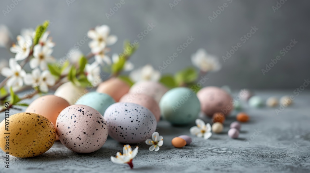 Colorful Easter eggs and spring blossom on grey background, closeup