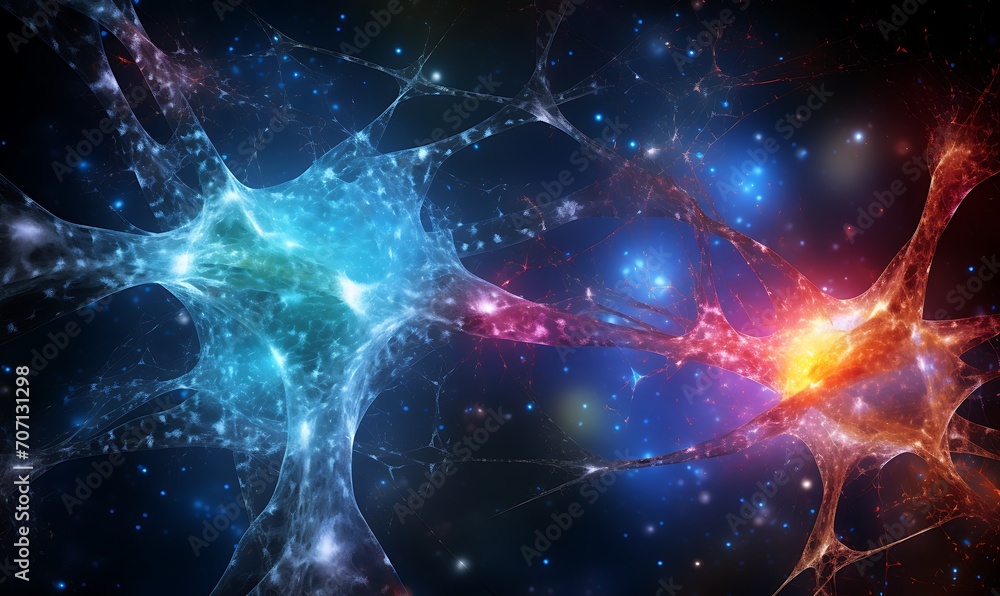 Obraz premium The conceptual link between neuron cells and concentrations of galaxies in the universe. Generative Ai