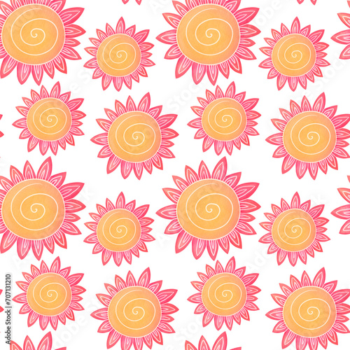 cute watercolor childish Seamless pattern with sunflower flower that looks like sun on transparent background. Design for children s textiles, packaging, wrapping paper. wallpaper print for fabrics