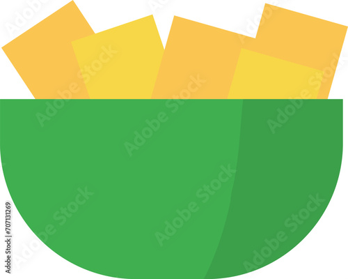 Green bowl filled with crispy golden potato chips. Snack time and junk food concept vector illustration. photo