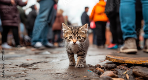 Homeless kitten on the street. Small kitten on a dirty street, close-up photo
