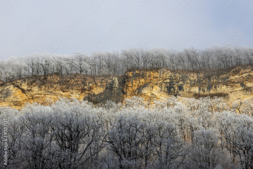 winter landscape a rock framed by trees covered with frost against a gray sky