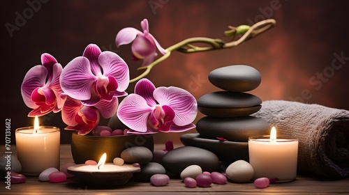 Aromatherapy  spa  beauty treatment and wellness background with massage pebbles  orchid flowers  towels  cosmetic products and burning candles.