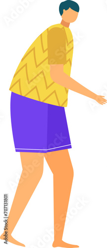 Barefoot cartoon man in yellow shirt and purple shorts walking. Casual male character taking a stroll. Relaxed walk, leisure time vector illustration.