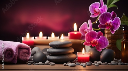 Aromatherapy  spa  beauty treatment and wellness background with massage pebbles  orchid flowers  towels  cosmetic products and burning candles.
