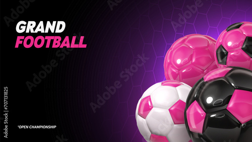 Football championship vector banner. Soccer league match game layout template on dark background. Sport poster with pink football balls. Sport betting advertising template  photo