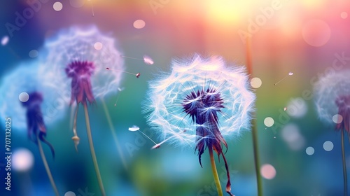 Beautiful dandelion flower with flying feathers on colorful bokeh background. Macro shot of summer nature scene. 