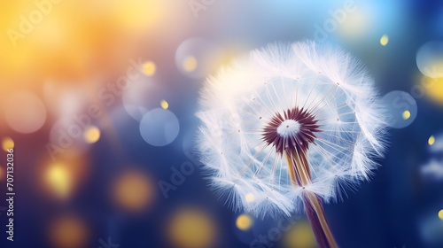 Beautiful dandelion flower with flying feathers on colorful bokeh background. Macro shot of summer nature scene. 