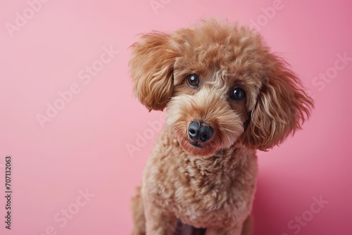 Top view photo of cute brown poodle sitting against pink background with space for text